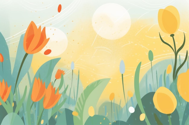Een kleurrijke achtergrond met een veld bloemen en de zon erop.