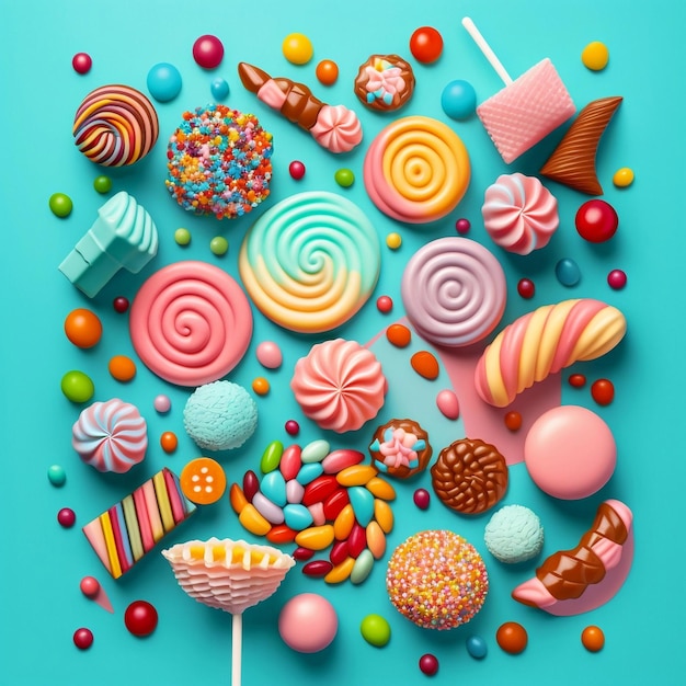 Een kleurrijke achtergrond samengesteld uit een verscheidenheid aan snoepjes Generatieve Ai