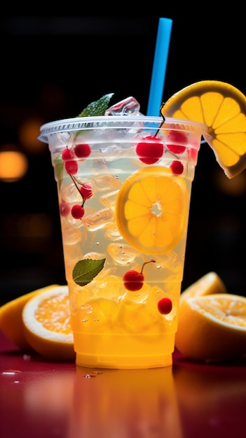 Een kleurrijke achtergrond vormt een aanvulling op een pittige limonadecocktail in een plastic beker Vertical Mobile Wallpap