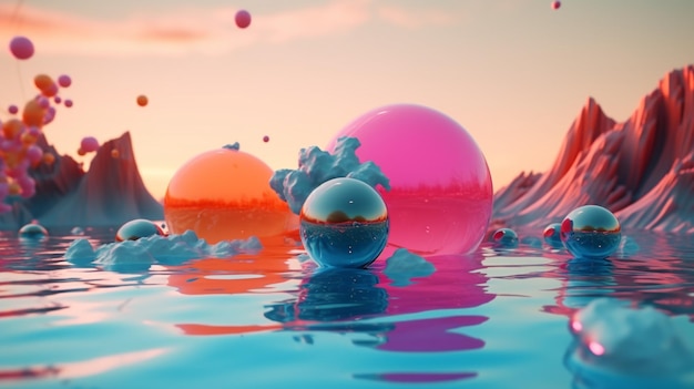 Een kleurrijke afbeelding van drie glazen bollen die in een blauw water drijven.