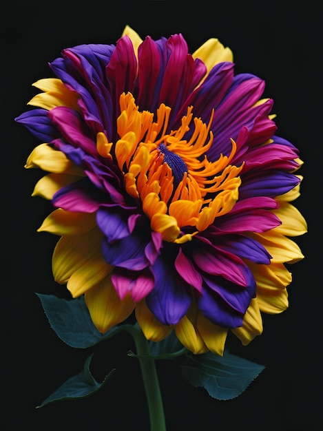 Een kleurrijke afbeelding van een bloem met een zwarte achtergrond