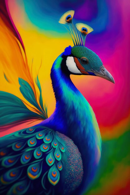Een kleurrijke afbeelding van een pauw met een regenboogachtergrond.