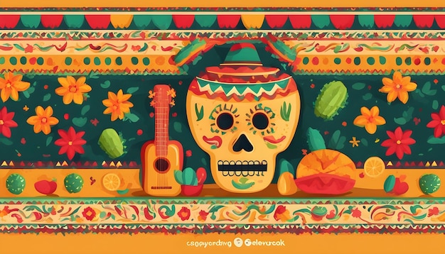 een kleurrijke afbeelding van een schedel en een gitaar