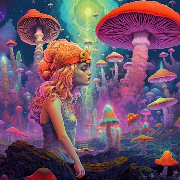 Een kleurrijke afbeelding van een vrouw in een jurk en hoed die naar paddenstoelen kijkt
