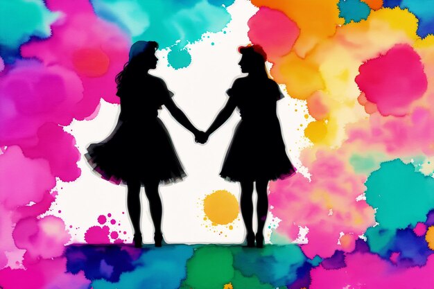 Een kleurrijke aquarel van twee meisjes die elkaars hand vasthouden.