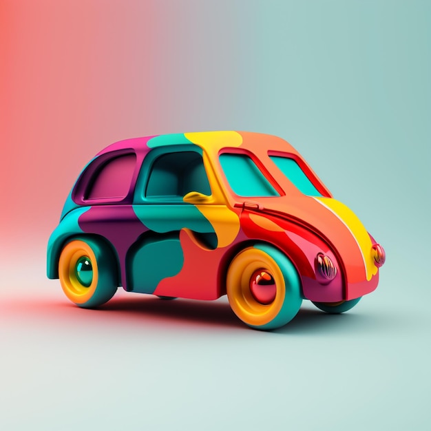 Een kleurrijke auto gemaakt door een bedrijf genaamd het autobedrijf.