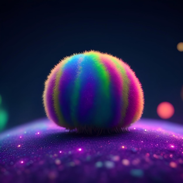 Een kleurrijke bal met een blauwe achtergrond en een wazige achtergrond met lichtjes.
