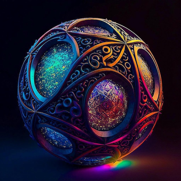 Foto een kleurrijke bal met een zwarte achtergrond en een regenboogkleurige cirkel erop.