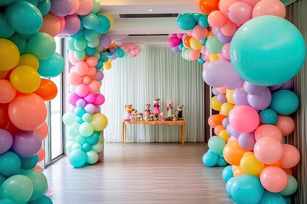 Een kleurrijke ballonboog met een hoop ballonnen erop.