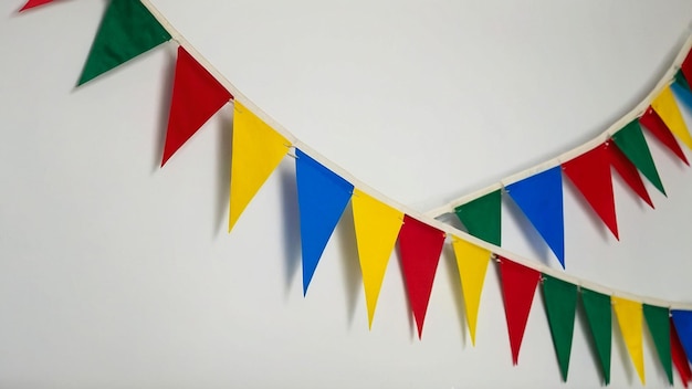 Foto een kleurrijke banier met gele en blauwe vlaggen op een witte muur