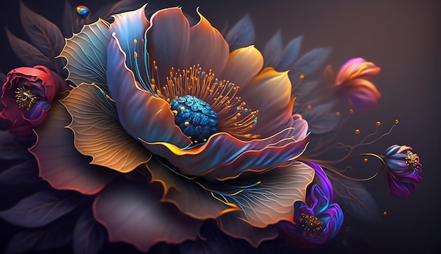 Een kleurrijke bloem met een blauwe bloem op de achtergrond