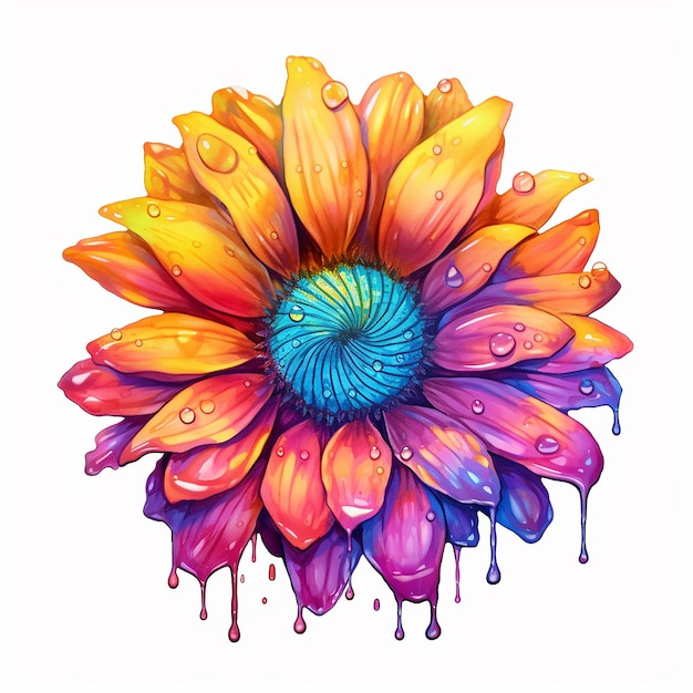 Een kleurrijke bloem met een regenboog en een druppel water erop.