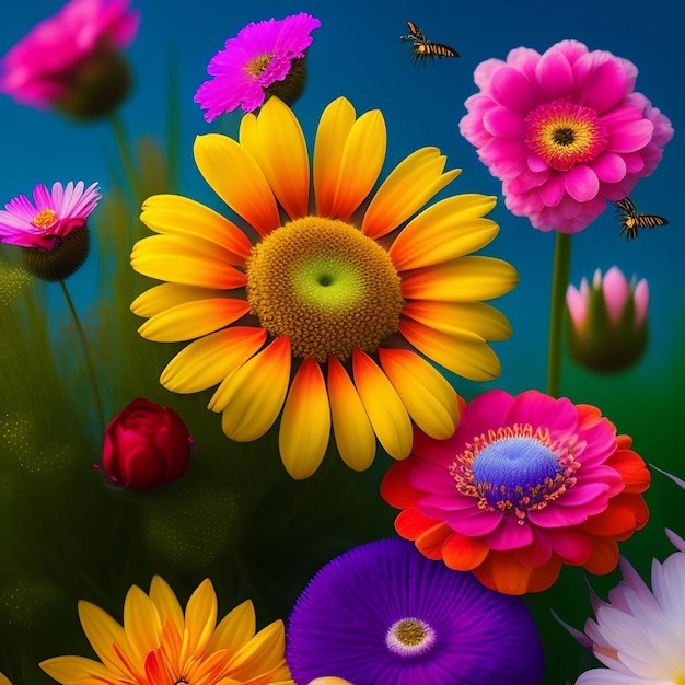 Een kleurrijke bloem wordt omringd door andere bloemen en een bij is op de achtergrond