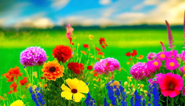 Foto een kleurrijke bloemen met groen veld op de achtergrond