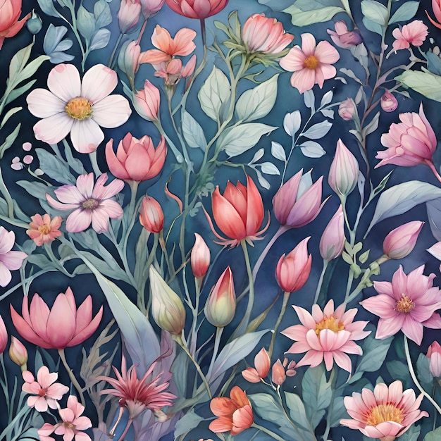 Een kleurrijke bloemen schilderij met bloemen en bladeren
