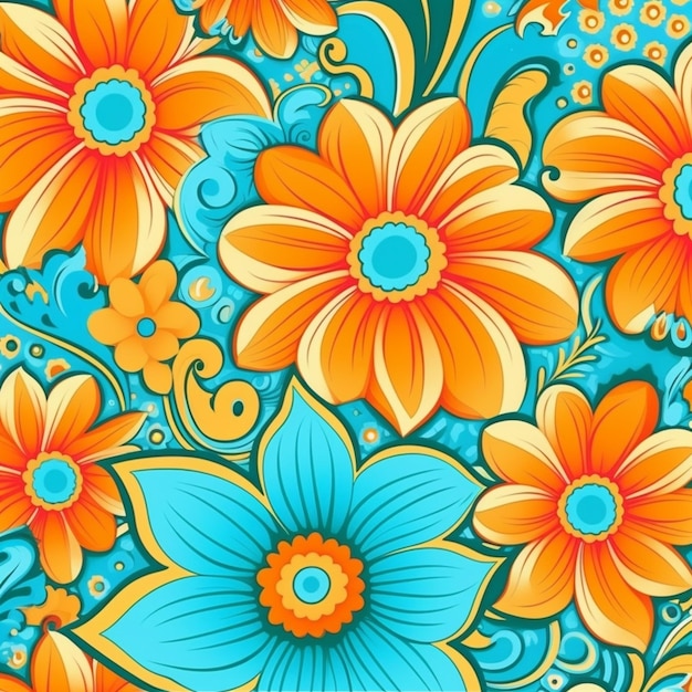 Een kleurrijke bloemenachtergrond met oranje en blauwe bloemen generatieve ai