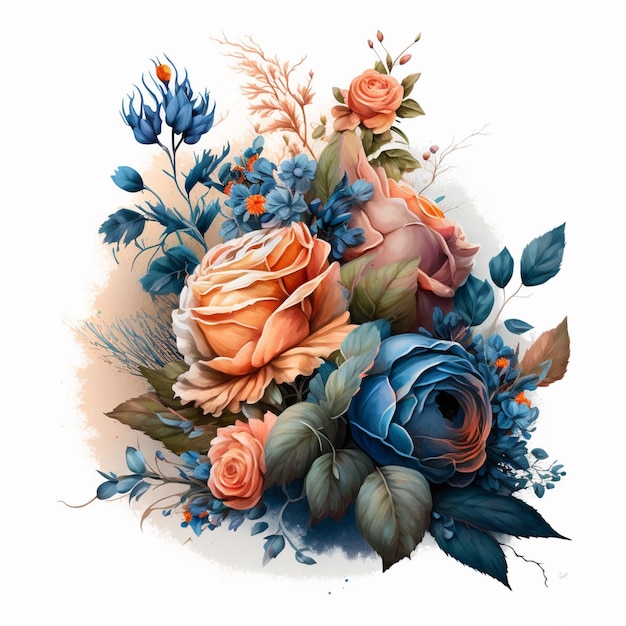 Een kleurrijke bloemenillustratie met blauwe en oranje bloemen.