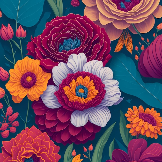 Een kleurrijke bloemenillustratie met een bos bloemen.