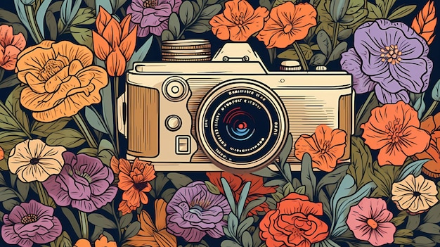 Een kleurrijke bloemrijke illustratie van een camera met een zwarte camera erop