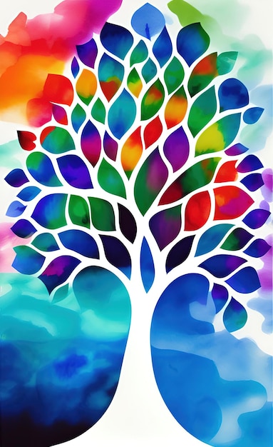 Een kleurrijke boom met de kleuren van de regenboog.
