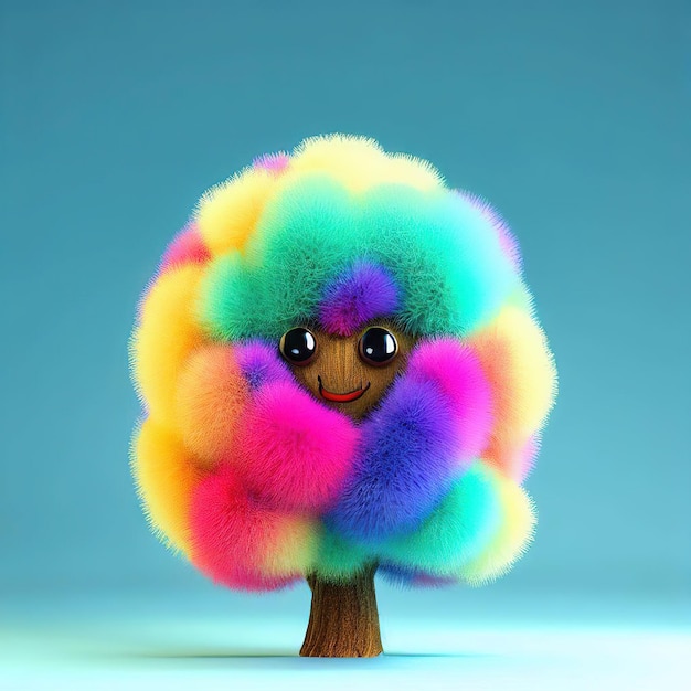 Een kleurrijke boom met een gezicht van haar met de tekst 'gelukkige boom' erop
