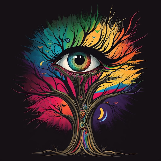 Een kleurrijke boom met het oog van de boom en het woord oog erop.