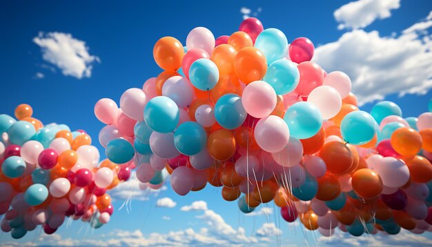 Een kleurrijke bos ballonnen die in de lucht vliegen, gegenereerd door kunstmatige intelligentie