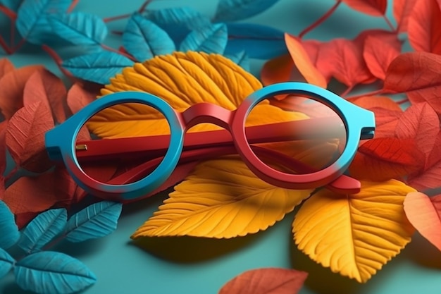 Een kleurrijke bril met een blauw montuur en rode randen op een blauwe en oranje achtergrond