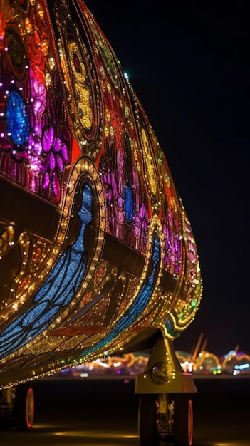 Een kleurrijke carrousel 's nachts met lampjes aan de zijkanten.