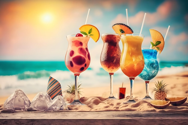 Een kleurrijke cocktail op een strand met een zonsondergang op de achtergrond