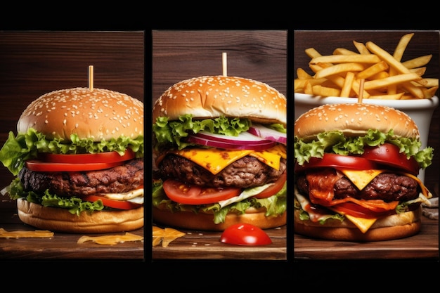 Foto een kleurrijke collage met een assortiment hamburgers, elk gevuld met smaakvolle ingrediënten, die een visueel feest voor de ogen creëren