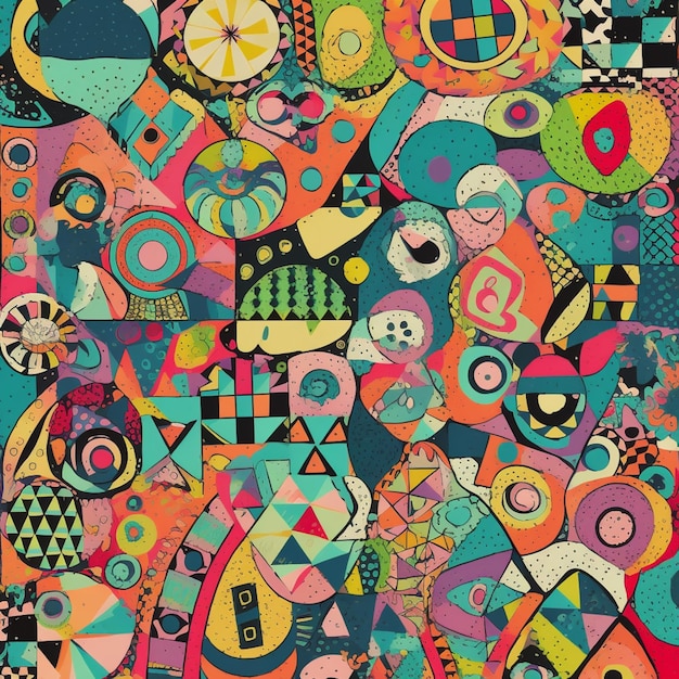 Een kleurrijke collage met een zwart-witte achtergrond waarop 'art in the middle' staat