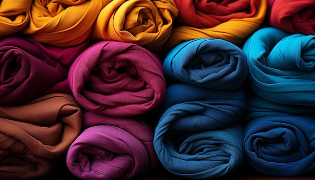 Foto een kleurrijke collectie gevouwen kledingstukken die de elegantie van de textielindustrie tonen die door ai is gegenereerd