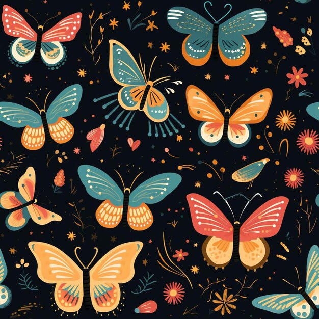Een kleurrijke collectie vlinders met vlinders en bloemen.