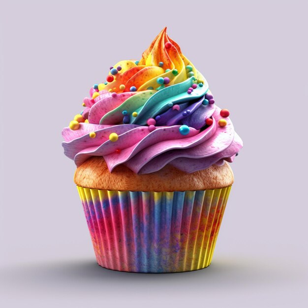 Een kleurrijke cupcake met de kleuren van de regenboog