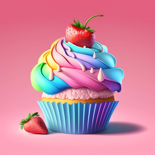 Een kleurrijke cupcake met een aardbei erop