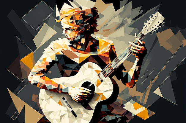 Een kleurrijke digitale kunst van een man die een gitaar speelt.