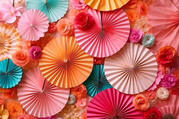 Een kleurrijke display van papieren paraplu's met een roze achtergrond.
