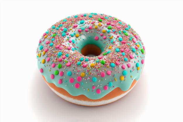 Een kleurrijke donut met wit glazuur en blauw glazuur.