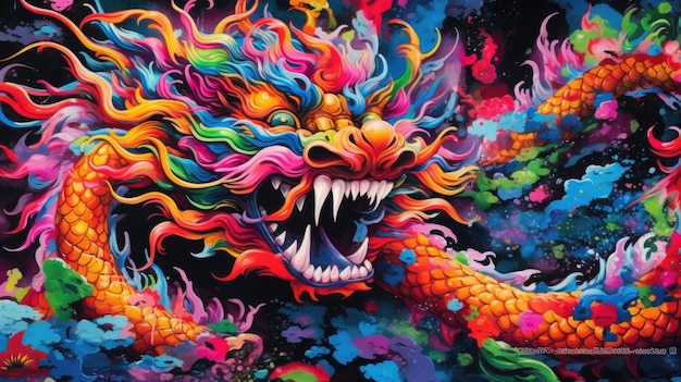 Een kleurrijke draak met een grote mond en een grote mond.