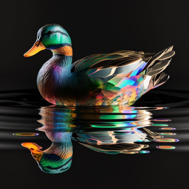 Foto een kleurrijke eend drijft op het water met de weerspiegeling van de camera.