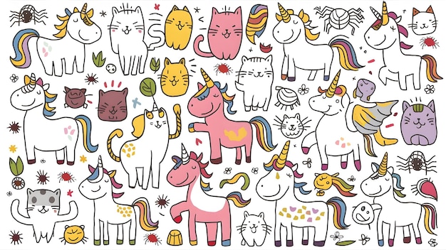 Een kleurrijke en heerlijke illustratie van vele verschillende eenhoorns katten en spinnen ontwerpen voor kinderen