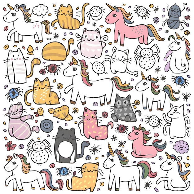 Een kleurrijke en heerlijke illustratie van vele verschillende eenhoorns katten en spinnen ontwerpen voor kinderen