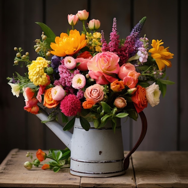 Foto een kleurrijke en levendige bloemenarrangement weergegeven in een vintage waterkan