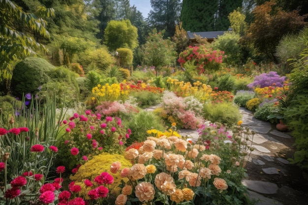 Een kleurrijke en levendige tuin vol met een verscheidenheid aan bloeiende bloemen gemaakt met generatieve AI