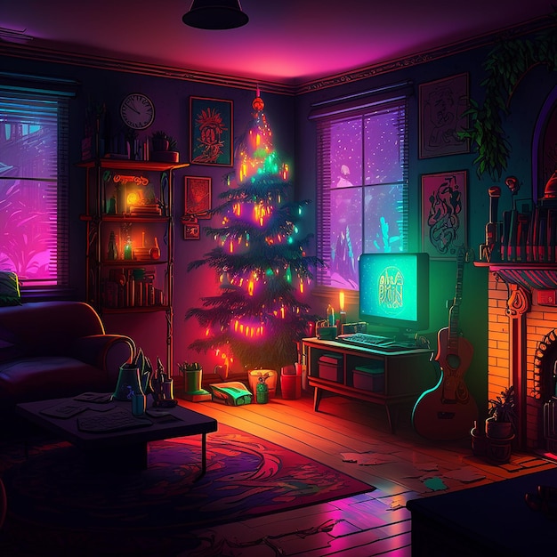 Een kleurrijke en mooi ingerichte kamer leidde neonlicht kerstboom AI gegenereerd beeld