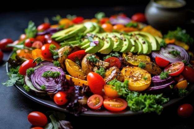 Een kleurrijke en voedzame bord met gemengde groenten bekroond met rijpe avocado's en sappige tomaten Een levendige veganistische salade met diverse groenten
