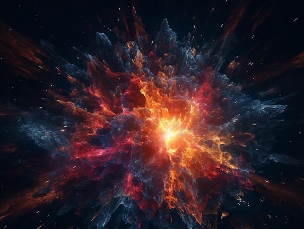 Een kleurrijke explosie in de ruimte met een blauwe en rode achtergrond.