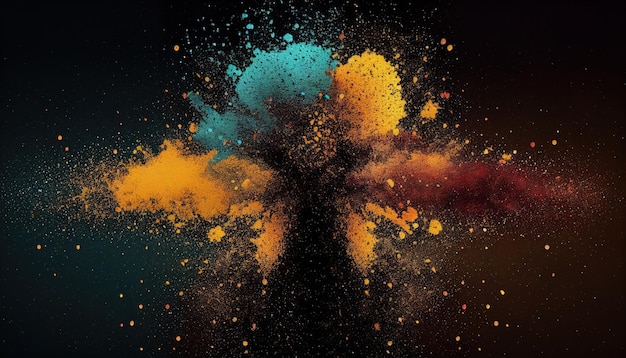Een kleurrijke explosie met een zwarte achtergrond en een blauwe en oranje explosie in het midden.