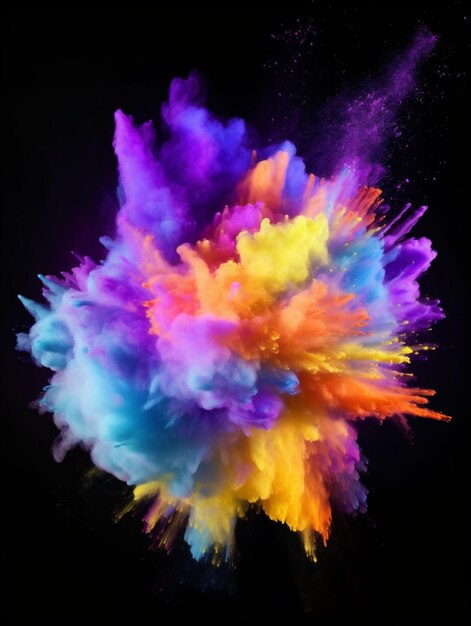 Foto een kleurrijke explosie van poeder wordt getoond op een foto met een zwarte achtergrond